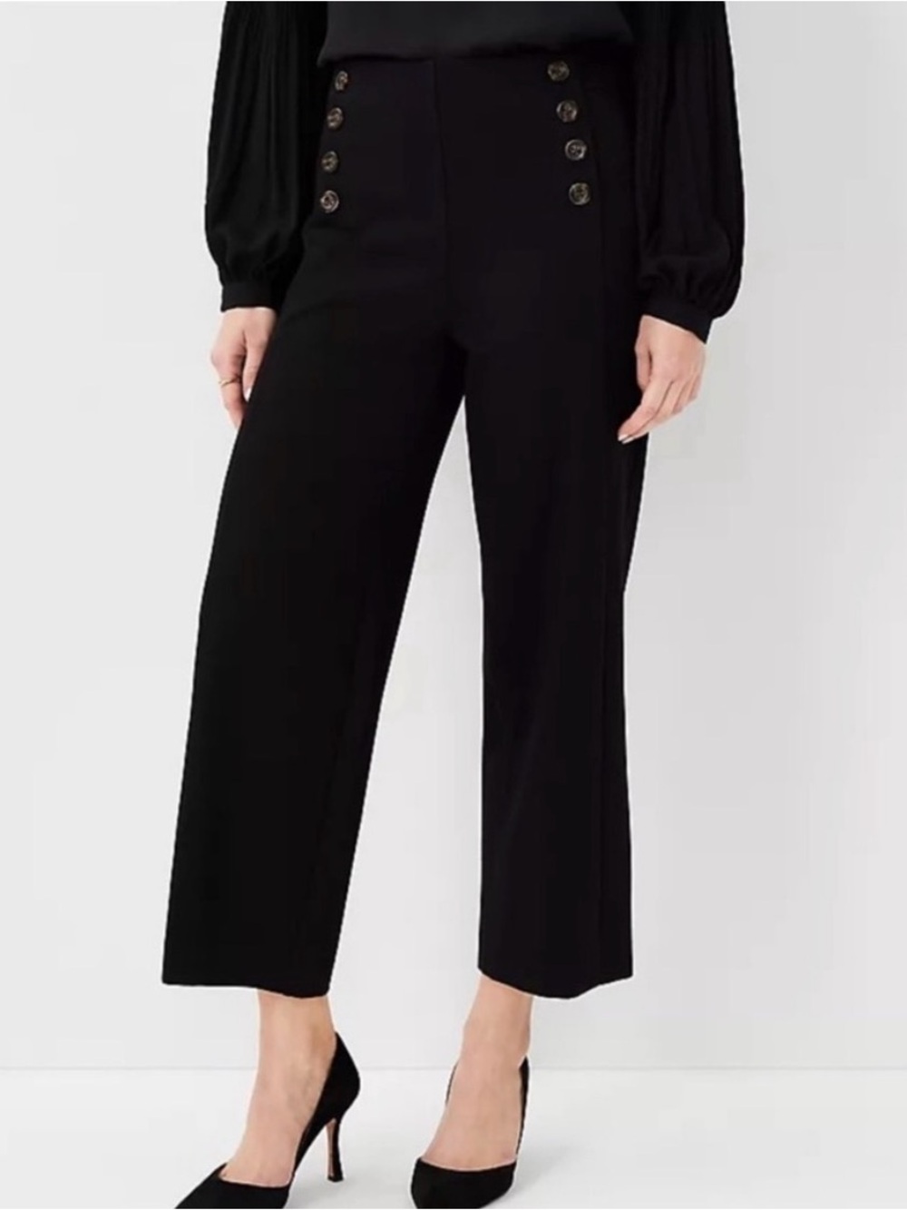 NWOT Ann Taylor Black High-Waist Sailor Grace Pants with Button Trim Size 4